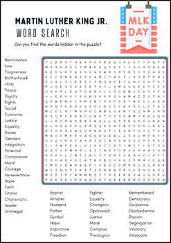 Preview of MARTIN LUTHER KING JR. Day Word Search Puzzle Worksheet Activity| Back to school