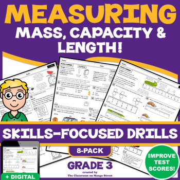Preview of MEASURING MASS/VOLUME/LENGTH: 8 Skills-Boosting, 3rd Grade Practice Worksheets