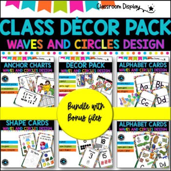 Preview of MASSIVE DECOR SET I Classroom Labels + Signs Pack | CIRCLES AND WAVES-RETRO