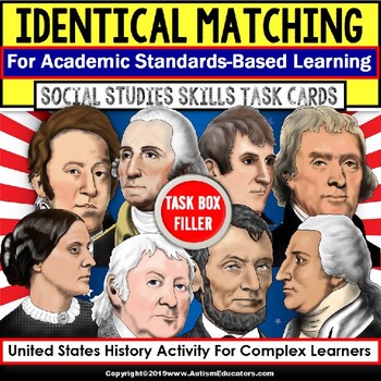 Preview of MATCHING IDENTICAL PICTURES Historical Figures Task Cards Task Box Filler