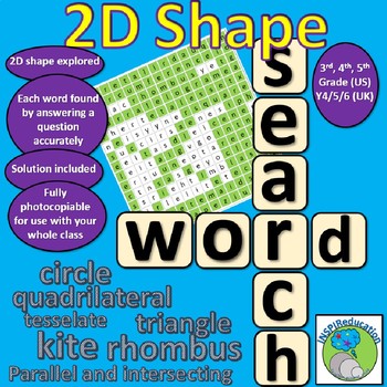 Preview of MATH 2D SHAPE: Wordsearch properties - solve the questions to find the words