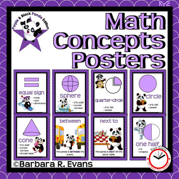 Preview of MATH CONCEPTS POSTERS  Purple Panda Classroom Decor Math Focus Wall