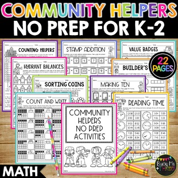 Preview of MATH Community Helpers No Prep Worksheets | Kindergarten | 1st | 2nd Grade