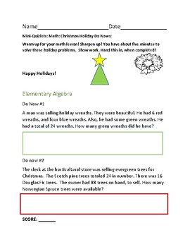 Preview of MATH DO NOWS: CHRISTMAS THEME: ELEMENTARY ALGEBRA