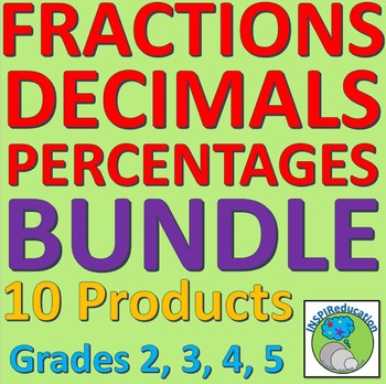 Preview of MATH Fractions, decimals, percentages- 10 products, resources, worksheets, PPTs