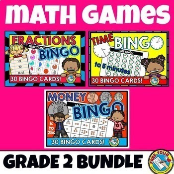 Preview of 2ND GRADE MATH CENTERS TELLING TIME COUNTING MONEY & FRACTIONS BINGO GAME BUNDLE