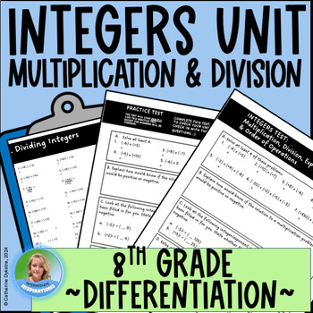 Preview of MULTIPLY DIVIDE INTEGERS Self Paced Differentiated Unit NO PREP TESTS SOLUTIONS