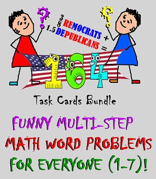 Preview of MATH MULTI-STEP WORD FUNNY PROBLEMS: 164 Task Cards. Books 1-5 BUNDLE, 50% OFF!