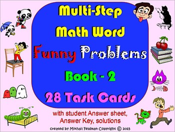 Preview of MATH MULTISTEP FUNNY WORD PROBLEMS #2: ALL OPERATIONS 28 Task Cards Assessment!