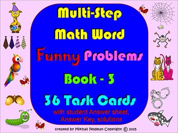 Preview of MATH MULTISTEP FUNNY WORD PROBLEMS #3: ALL OPERATIONS 36 Task Cards Assessment!