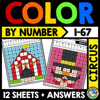 Preview of MATH MYSTERY PICTURE COLOR BY NUMBER ACTIVITY CIRCUS COLORING PAGES ART SHEETS
