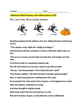 Preview of MATH MYSTERY POEM: HALLOWEEN IS HERE! HOW MANY IN ALL?  W/KEY/GRS.3-6