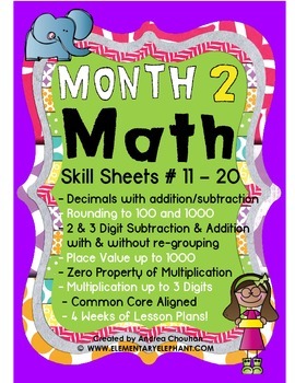 Preview of MATH Skill Sheets & Mini-Lessons MONTH 2-Decimals, Rounding & 3 Digit Multip.