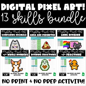 Preview of MATH Mystery Pixel Art BUNDLE | 5th Grade | Decimals, Fractions, and More!