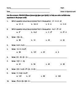 Preview of MATH ORDER of OPERATIONS Algebra WORKSHEET & TEST Assessment w/ Answers