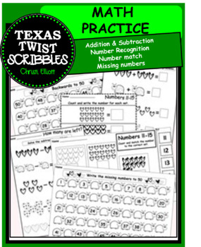 Preview of MATH SET addition-subtraction-number recognition {Texas Twist Scribbles}