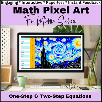 Preview of MATH PIXEL ART One-Step &  Two-Step Equations 6th  7th  8th Grade Self-Checking