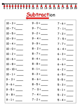 MATH - SUBTRACTION - Drills to/from 20 with number line. Assessment ...