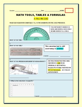 Preview of MATH TOOLS, TABLES & FORMULAS: A FILL- IN QUIZ   GRS. 5-12