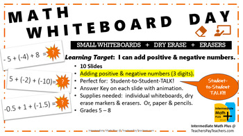 Preview of MATH WHITEBOARD DAY Adding Positive & Negative numbers