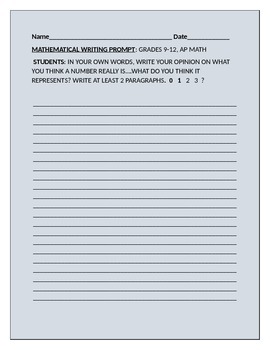 Preview of MATH WRITING PROMPT: WHAT REALLY IS A NUMBER? GRADES 9-12, AP MATH