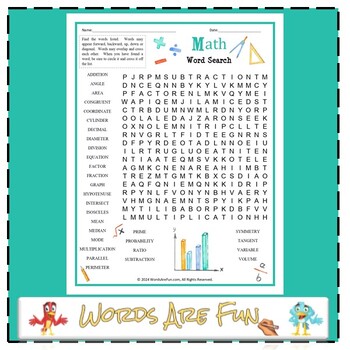 Preview of MATH Word Search Puzzle Handout Fun Activity