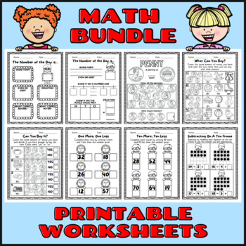 23 Pg MATH Printable Worksheets Add Subtract, 10 Frames, Number of Day ...