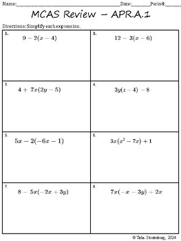 Preview of MCAS Algebra Skill Sheets