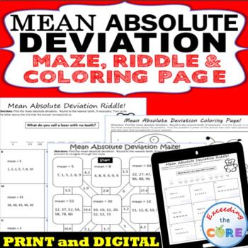Preview of MEAN ABSOLUTE DEVIATION Mazes, Riddles & Coloring Page | Print and Digital