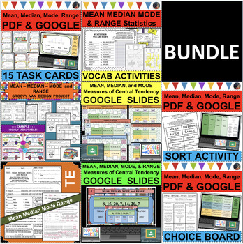 Preview of MEAN MEDIAN MODE RANGE BUNDLE of Differentiated Activities (PDF & GOOGLE SLIDES)