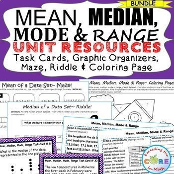 MEAN, MEDIAN, MODE, & RANGE  Bundle - Task Cards Graphic Organizers, Puzzles