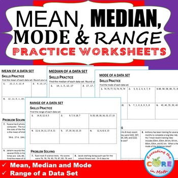 Preview of MEAN, MEDIAN, MODE, RANGE Homework Practice Worksheets - Skills & Word Problems