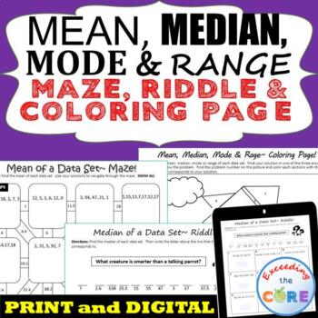 Preview of MEAN, MEDIAN, MODE, & RANGE Mazes, Riddles & Coloring Page | Print and Digital