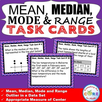 Preview of MEAN, MEDIAN, MODE, & RANGE Word Problems - Task Cards {40 Cards}