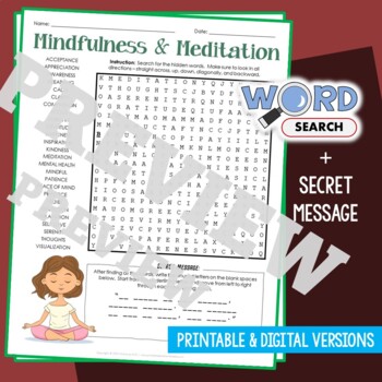 Preview of MEDITATION & MINDFULNESS Word Search Puzzle Activity Vocabulary Worksheet