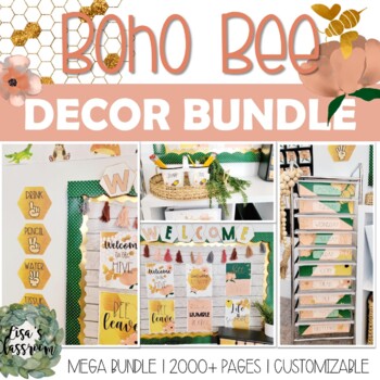 Preview of MEGA BOHO Bee classroom Decor Bundle - Editable