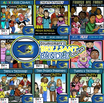 Preview of MEGA BUNDLE: CommUNITY School and Family 209 pc. Clip-Art Set (BW and Color)
