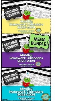 Preview of MEGA BUNDLE!  EDITABLE Grade 1, 2 & 3 Homework Calendars - 2023-2024 -New!