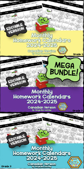 Preview of MEGA BUNDLE!  EDITABLE Grade 1, 2 & 3 Homework Calendars - 2024-2025 **NEW**