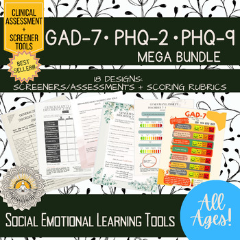 Preview of MEGA BUNDLE | GAD-7, PHQ-2, PHQ-9 + bonus worksheets | 18 Designs | Therapy