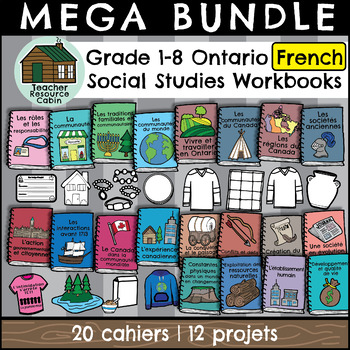 Preview of MEGA BUNDLE: Grade 1-8 Ontario FRENCH Social Studies Workbooks/Projects