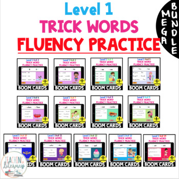 Preview of MEGA BUNDLE Level 1 Units 2 - 14 Trick Word FLUENCY Decodable Text BOOM CARDS™
