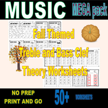 Preview of MEGA Fall Themed Music Worksheets - Treble and Bass Clef - 50+ pages
