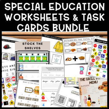 Preview of MEGA Life Skills Special Education Printable Worksheets & Task Cards Bundle