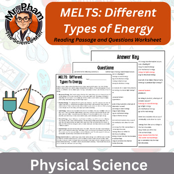 Preview of MELTS: Different Types of Energy Reading Passage and Questions Worksheet