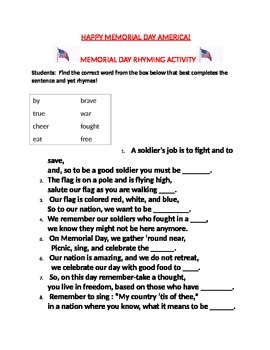 Preview of MEMORIAL DAY RHYMING ACTIVITY