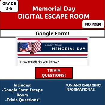 Preview of MEMORIAL DAY TRIVIA DIGITAL ESCAPE ROOM End of Year Good for ALL ages!