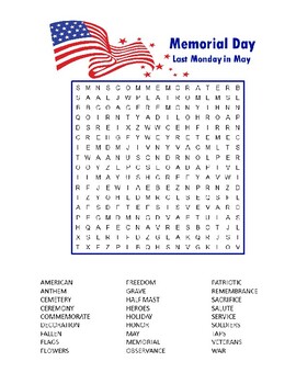 MEMORIAL DAY WORD SEARCHES, BUNDLE 7 PAGES, MEMORIAL DAY ACTIVITIES