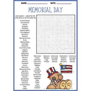 MEMORIAL DAY word search puzzle worksheets activities | TPT