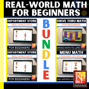 Preview of MENU MATH BUNDLE: 773 GOOGLE SLIDES: Life Skills Math Drive Thru - Grocery Store